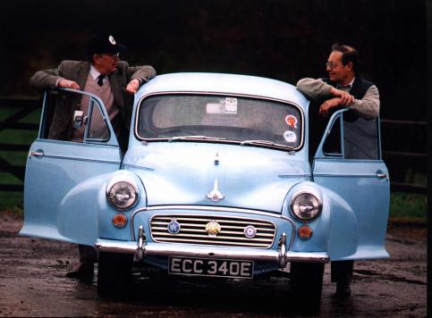 Blue Morris Minor with Deryck Swindells and Peter Jones